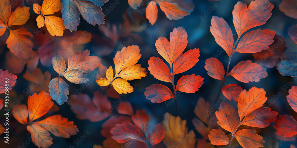 autumn leaves, like maple and oak, in various shades of orange, red, and yellow against an isolated muted blue background autumn leaves, like maple and oak, in various shades of orange, red, and yellow against an isolated muted blue background