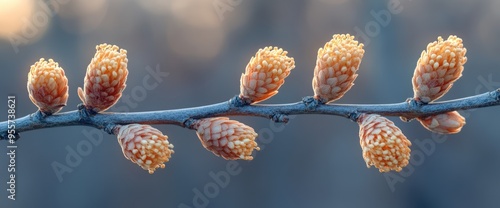 Close up of a branch with delicate yellow buds blooming in spring. photo