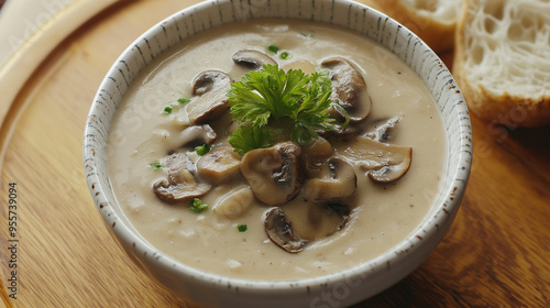 deliciosa sopa de cogumelos caseira com uma perspectiva única de olho de peixe photo