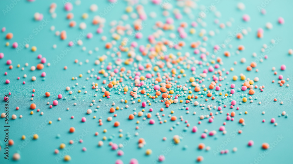 colorful sprinkles scattered across an isolated muted aqua marine background colorful sprinkles scattered across an isolated muted aqua marine background