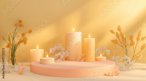 Um elegante pódio 3D com bastante espaço vazio, cercado por velas perfumadas e pequenos buquês de flores, em um fundo amarelo suave, perfeito para produtos de relaxamento photo