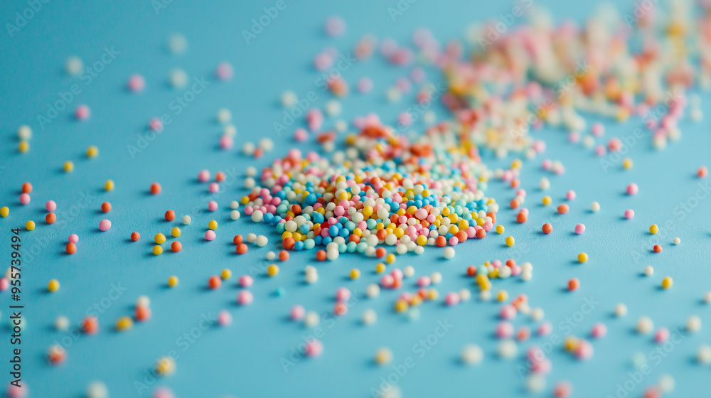 colorful sprinkles scattered across an isolated muted aqua marine background colorful sprinkles scattered across an isolated muted aqua marine background