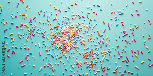 colorful sprinkles scattered across an isolated muted aqua marine background