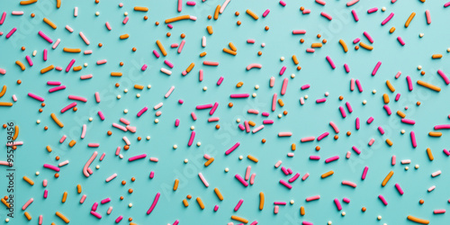 colorful sprinkles scattered across an isolated muted aqua marine background