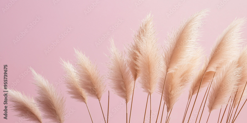 pampas grass with long, slender leaves and fluffy beige plumes against an isolated lilac background pampas grass with long, slender leaves and fluffy beige plumes against an isolated lilac background
