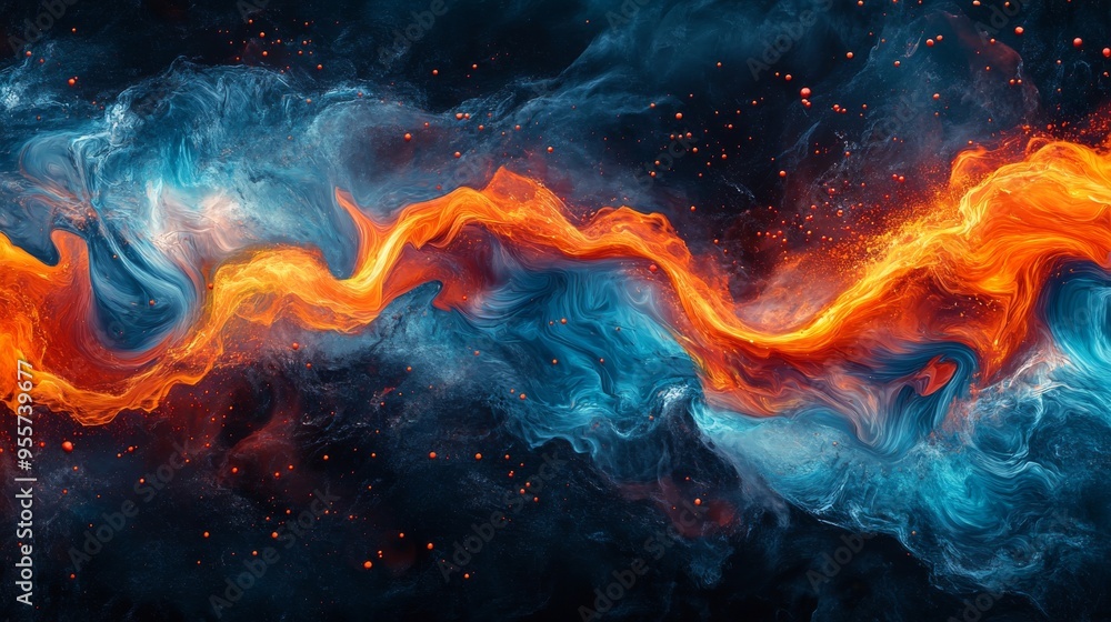 Abstract Swirling Blue and Orange Paint with Red Dots Abstract Swirling Blue and Orange Paint with Red Dots