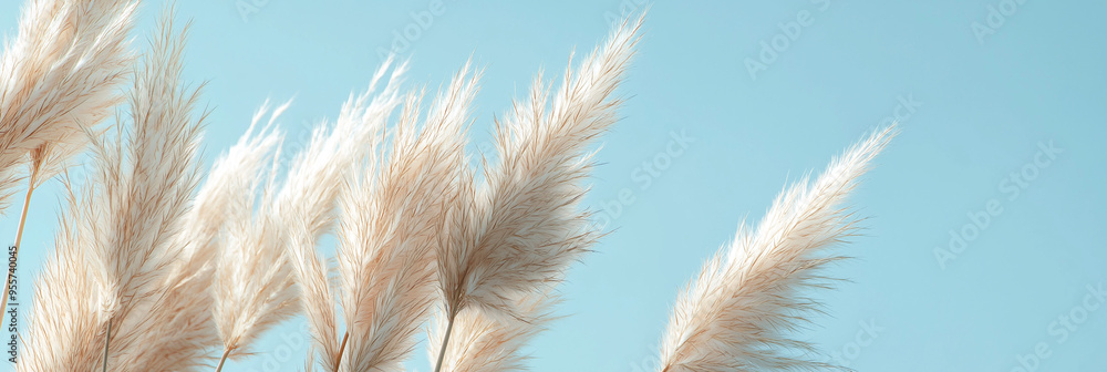 pampas grass with long, slender leaves and fluffy beige plumes against an isolated light blue background pampas grass with long, slender leaves and fluffy beige plumes against an isolated light blue background