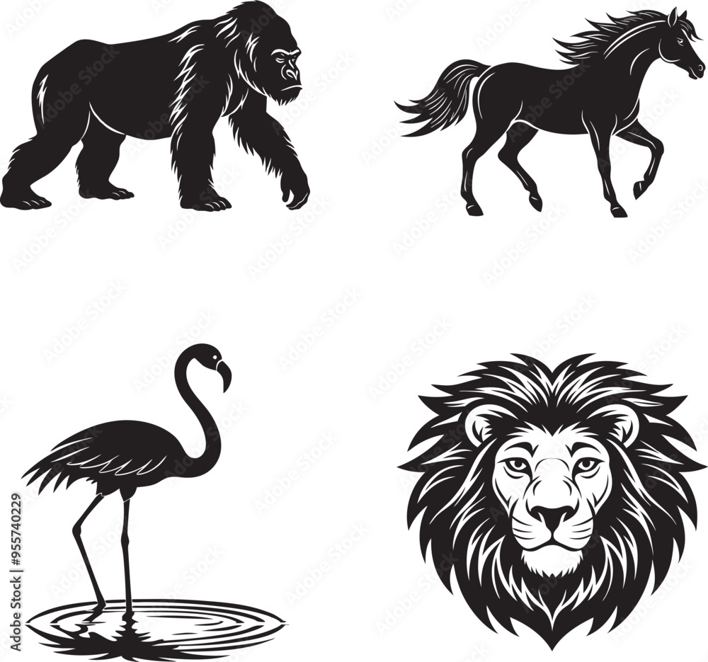 Obraz premium Cute animal Lion,Gorilla,Horse, Flamingo silhouette vecto illustration clipart on white background.eps