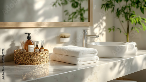 A serene bathroom setting with towels and natural decor.