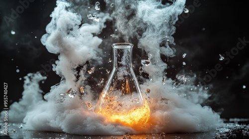 Shattered chemistry flask with smoke