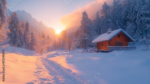 Quiet winter landscape with snow covered trees and cozy wooden cottage. The soft morning sunlight creates a refreshing and peaceful atmosphere, perfect for seasonal greetings and nature photography.