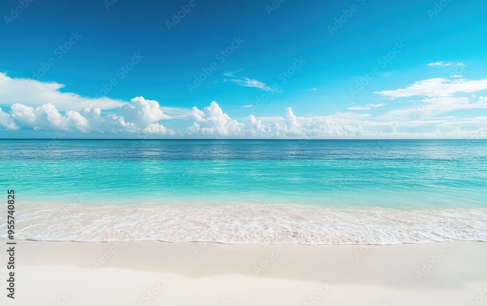 Obraz premium Beautiful beach with white sand and turquoise water on the background of blue sky, summer vacation concept banner
