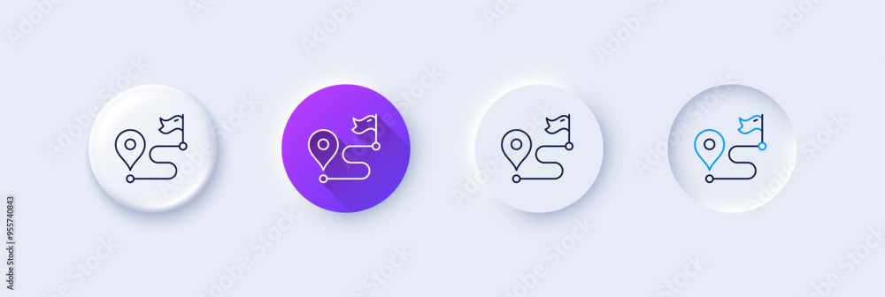 Journey line icon. Neumorphic, Purple gradient, 3d pin buttons. Road path sign. Route map distance symbol. Line icons. Neumorphic buttons with outline signs. Vector Journey line icon. Neumorphic, Purple gradient, 3d pin buttons. Road path sign. Route map distance symbol. Line icons. Neumorphic buttons with outline signs. Vector