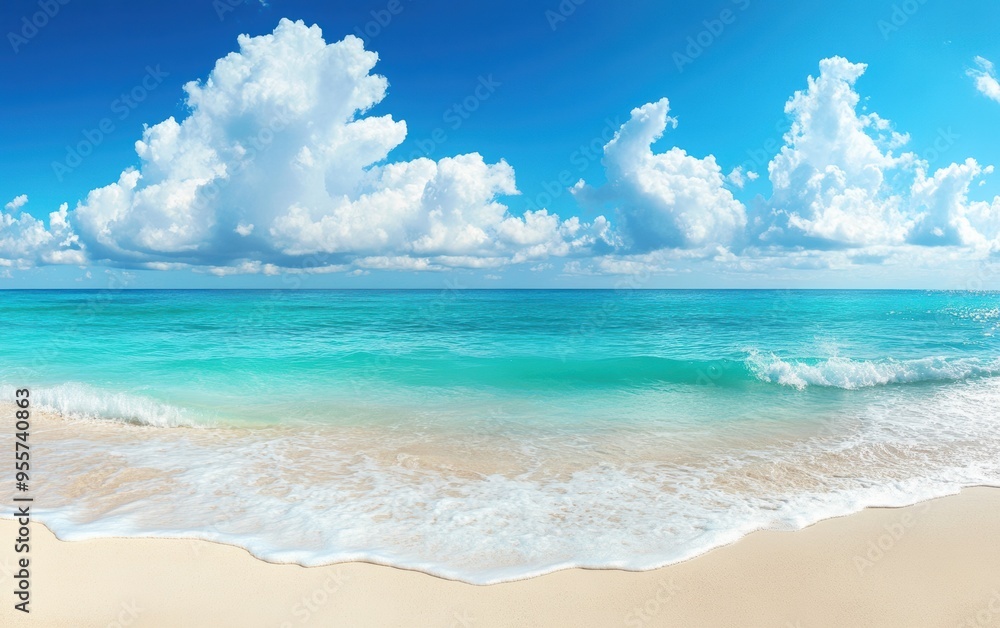 Beautiful beach with white sand and turquoise water on the background of blue sky, summer vacation concept banner