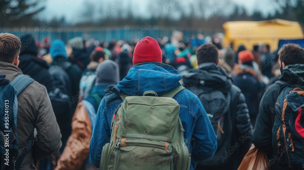 Refugees with backpacks and suitcases gather at a crowded border area, facing challenges and seeking hope for a better future. Generative AI Refugees with backpacks and suitcases gather at a crowded border area, facing challenges and seeking hope for a better future. Generative AI