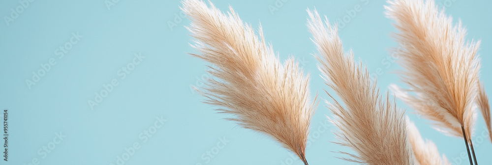 pampas grass with long, slender leaves and fluffy beige plumes against an isolated light blue background pampas grass with long, slender leaves and fluffy beige plumes against an isolated light blue background
