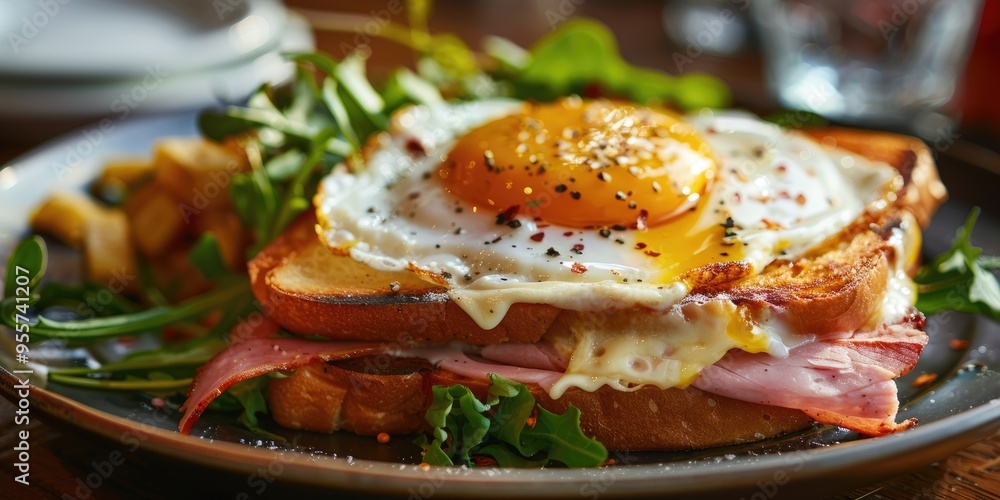Croque Madame A delectable French sandwich with ham gooey cheese a fried egg and savory sauce served with a side of crisp salad Perfect for breakfast Croque Madame A delectable French sandwich with ham gooey cheese a fried egg and savory sauce served with a side of crisp salad Perfect for breakfast