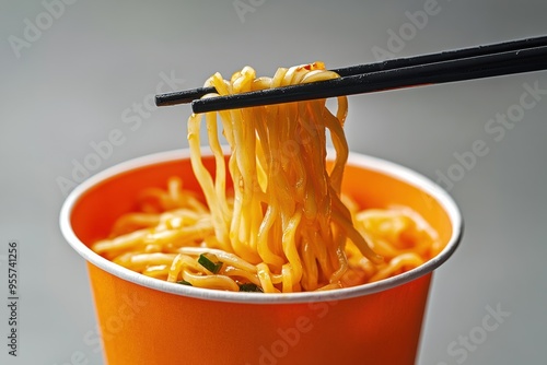 Instant Noodles in paper cup with black chopsticks  photo