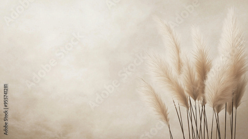 pampas grass with long, slender leaves and fluffy beige plumes against an isolated muted cocoabackground