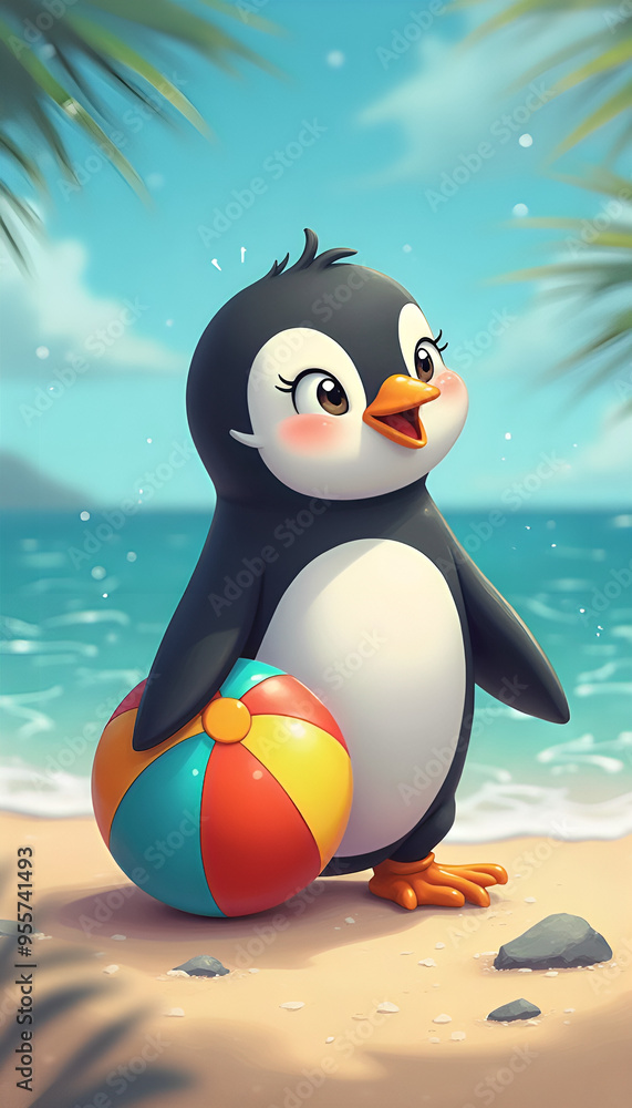 Naklejka premium Playful little penguin in the underwater world sitting on a bright sandy beach holding a colorful beach ball with curious eyes, a lively and cheerful beach scene full of joy