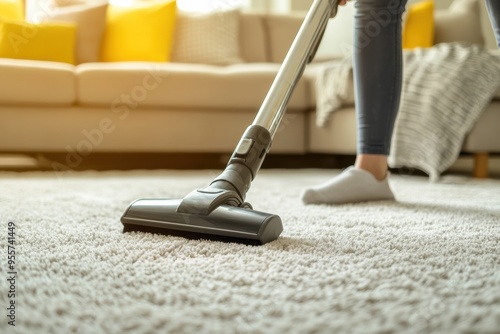 Person cleaning floor with vacuum cleaner