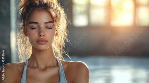 A serene young woman meditating in a sunlit space.