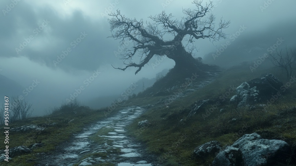 A Winding Path Through a Foggy Forest with a Twisted Dead Tree A Winding Path Through a Foggy Forest with a Twisted Dead Tree