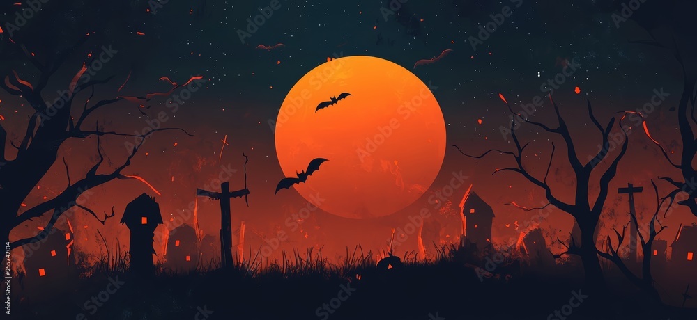 Dark Halloween graveyard landscape with bats in the sky at full moon at night. Halloween wallpaper background illustration in orange and black. Dark Halloween graveyard landscape with bats in the sky at full moon at night. Halloween wallpaper background illustration in orange and black.