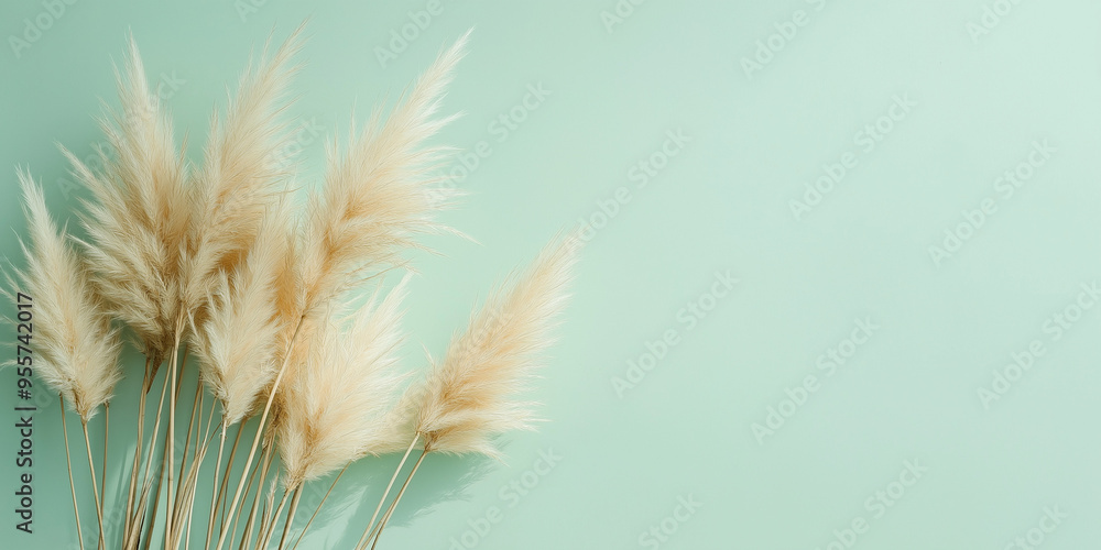 pampas grass with long, slender leaves and fluffy beige plumes against an isolated mint green background pampas grass with long, slender leaves and fluffy beige plumes against an isolated mint green background