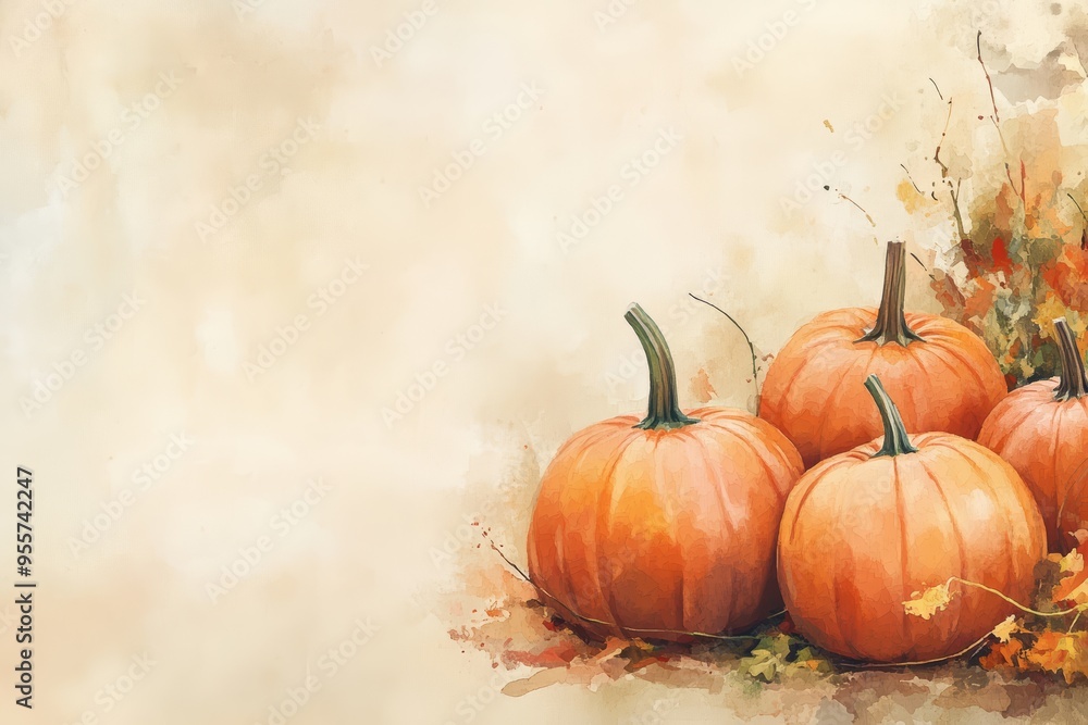 Seasonal autumn greeting card design with fall leaves and pumpkins. Autumn background in orange and brown. Seasonal autumn greeting card design with fall leaves and pumpkins. Autumn background in orange and brown.