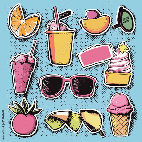 Summer halftone collage elements set with text