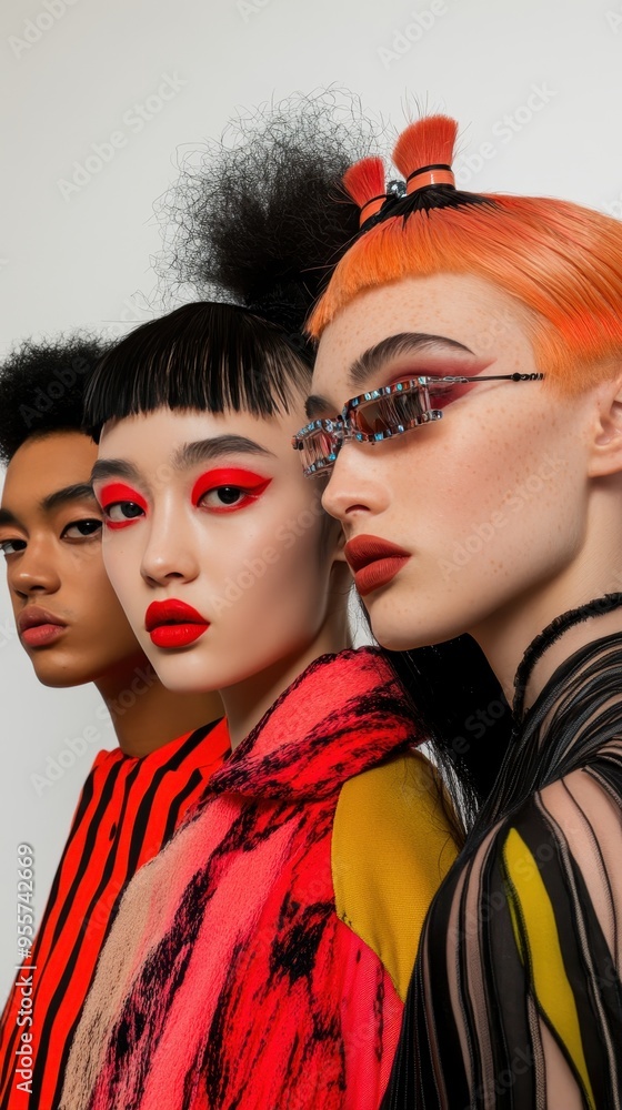 Obraz premium Three models with distinctive hairstyles and dramatic makeup pose together, highlighting their unique fashion styles and artistic expressions