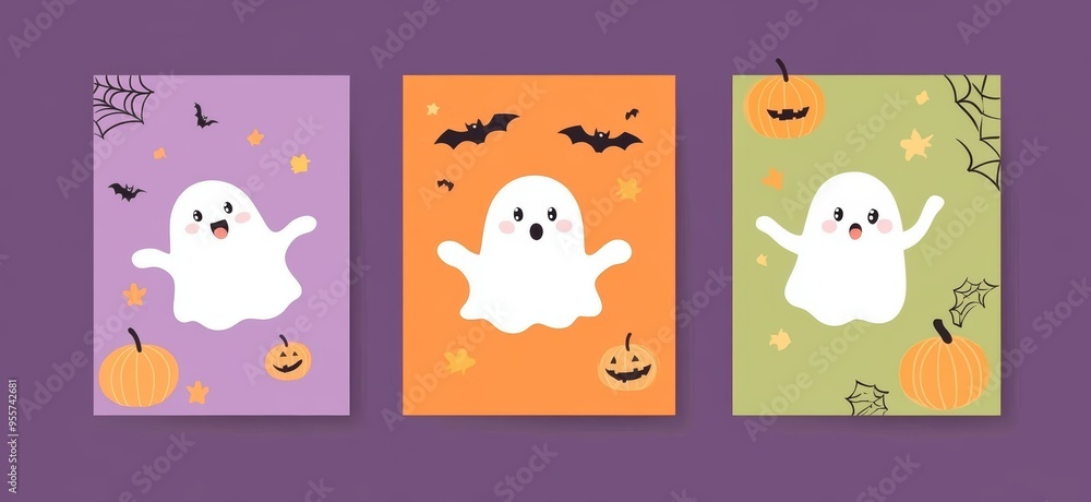 Fototapeta premium Halloween party invitation or greeting card design. Cute symbols like a pumpkin, a ghost and a bat. Halloween background wallpaper pattern.