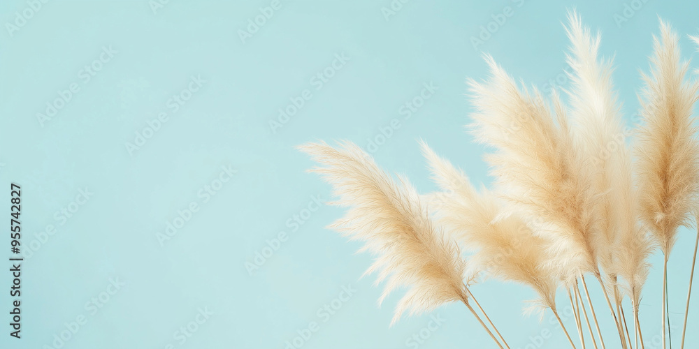 pampas grass with long, slender leaves and fluffy beige plumes against an isolated light blue background pampas grass with long, slender leaves and fluffy beige plumes against an isolated light blue background