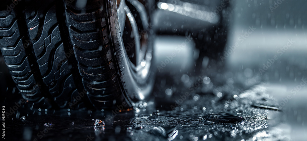 Fototapeta premium Close-up of car tires on a wet road with rain, providing a dark background with copy space