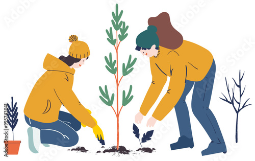 Planting trees as a community for eco friendly activism. Flat design illustration, simple vector graphics