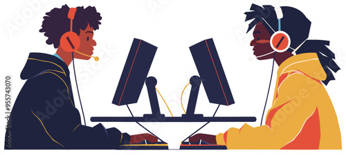 Two mixed race professional video gamers use headphones while playing on a computer. Flat design illustration