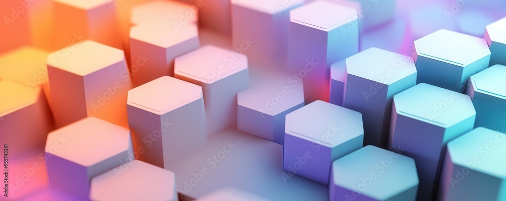 Abstract hexagonal cascade, 3D geometric design, front view, flowing patterns, robotic tone, triadic color scheme Abstract hexagonal cascade, 3D geometric design, front view, flowing patterns, robotic tone, triadic color scheme