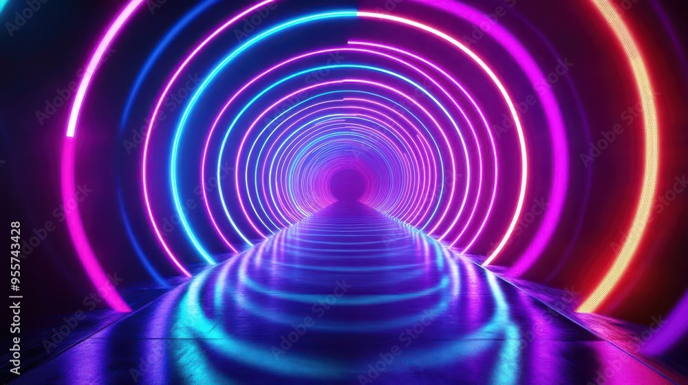 Bright laser beams forming concentric circles, vivid neon colors, dynamic and futuristic stage setup Bright laser beams forming concentric circles, vivid neon colors, dynamic and futuristic stage setup