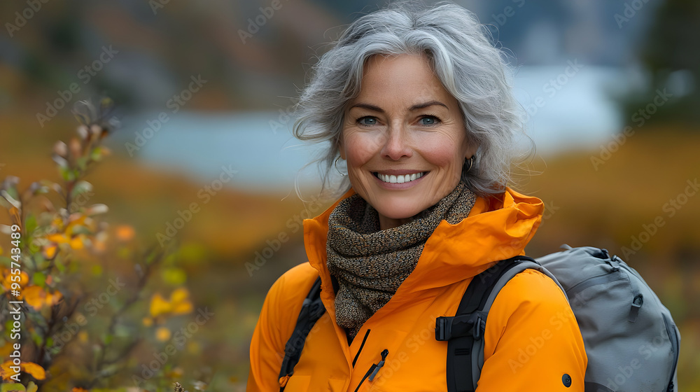A smiling woman in an orange jacket enjoys nature outdoors. A smiling woman in an orange jacket enjoys nature outdoors.
