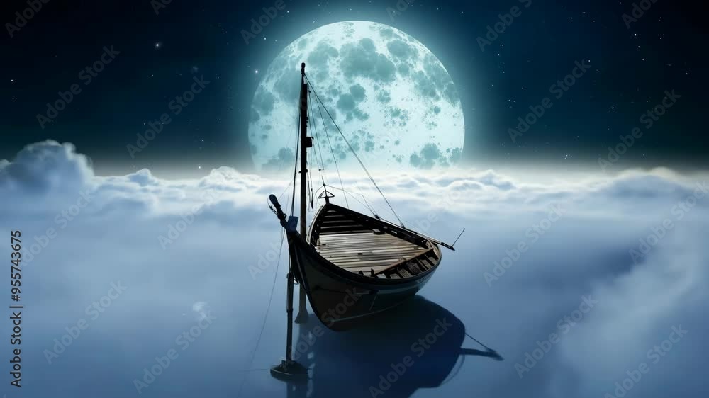 Mystical Boat Floating Above the Clouds Under a Full Moon