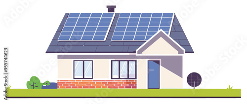 Eco-friendly technologies in house with solar panels . Flat design illustration, simple vector graphics