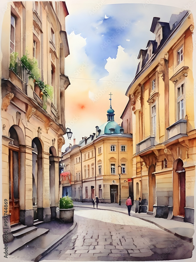 Fototapeta premium Lviv city Ukraine watercolor art