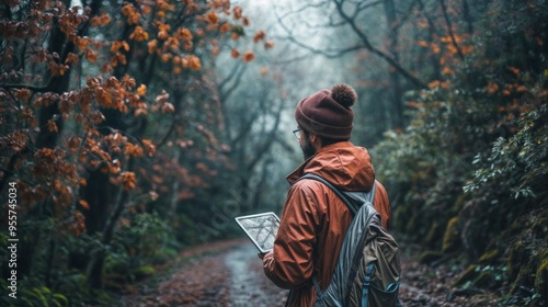 A man wearing a beanie and backpack explores a misty forest path during autumn, surrounded by fallen leaves and tall trees, evoking adventure..