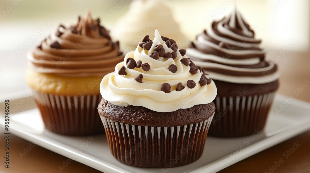 Irresistibly Sweet Cupcakes - Delicious chocolate chip and vanilla swirl treats with a playful presentation on colorful background Irresistibly Sweet Cupcakes - Delicious chocolate chip and vanilla swirl treats with a playful presentation on colorful background