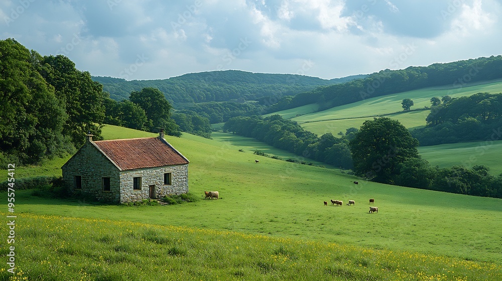 Peaceful countryside rolling hills a small farmhouse and grazing animals Peaceful countryside rolling hills a small farmhouse and grazing animals