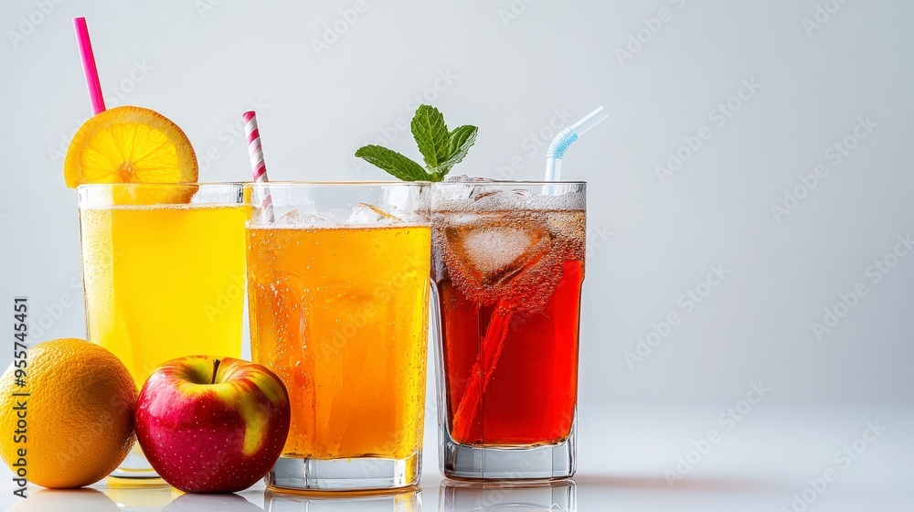 Refreshing Beverage Selection with Apple Juice, Orange Juice, and Soda on Clean Background Refreshing Beverage Selection with Apple Juice, Orange Juice, and Soda on Clean Background