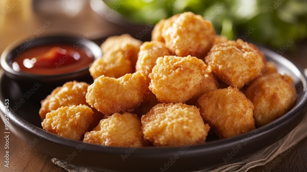 Delicious Cheesy Chicken Nuggets with Dipping Sauce on Elegant Platter for Appetizing Display Delicious Cheesy Chicken Nuggets with Dipping Sauce on Elegant Platter for Appetizing Display
