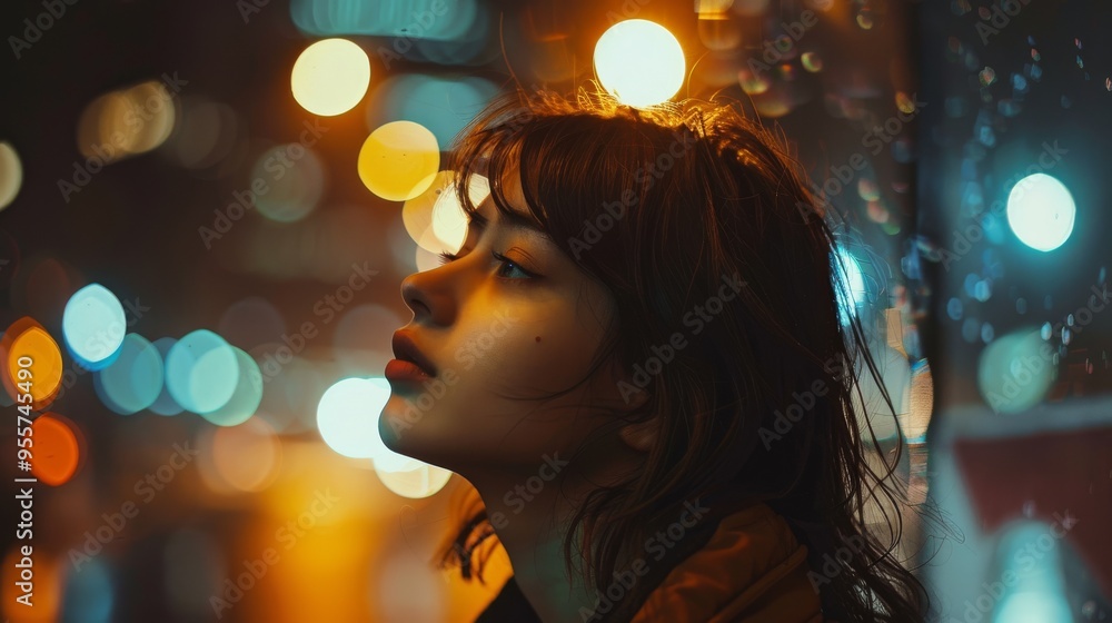 A close-up of a woman looking thoughtful in a city at night, with colorful bokeh lights creating a dreamy atmosphere.. A close-up of a woman looking thoughtful in a city at night, with colorful bokeh lights creating a dreamy atmosphere..