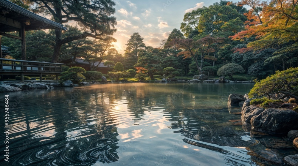 A serene Japanese garden at sunrise, featuring a calm pond surrounded by vibrant trees, traditional architecture, and peaceful reflections.. A serene Japanese garden at sunrise, featuring a calm pond surrounded by vibrant trees, traditional architecture, and peaceful reflections..